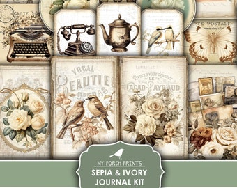 Junk Journal, Sepia, Ivory, Antique, Flowers, Neutral, Vintage, Butterflies, Ephemera, Kit, My Porch Prints, Printable, Digital Download