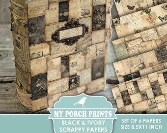 Black and Ivory Scrappy Papers, Junk Journal, Black and White, Vintage, Shabby, Backing, Paper, My Porch Prints, Printable, Digital Download