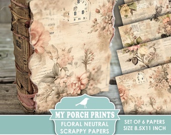 Florale neutrale Scrappy-Papiere, Junk-Journal-Seiten, Vintage, Shabby, Unterlage, Papier, Rosa, Rose, My Porch Prints, druckbar, digitaler Download