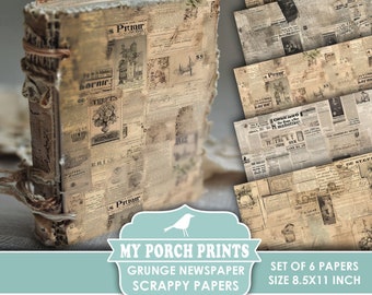 Grunge Zeitung Scrappy Papers, Junk Journal Seiten, Vintage, Männer, Neutral, Unterlage, Papier, My Porch Prints, druckbar, Digitaler Download