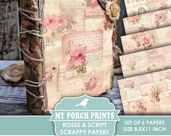 Roses And Script Scrappy Papers, Junk Journal, Pages, Floral, Vintage, Shabby, Backing, Pink, My Porch Prints, Printable, Digital Download