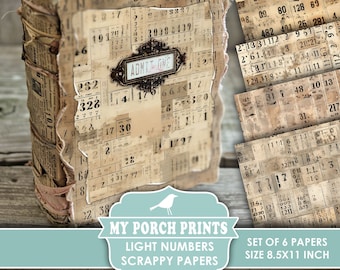 Light Number Scrappy Papers, Junk Journal, Sepia, Vintage, Grunge, Numbers, Backing, Paper, My Porch Prints, Printable, Digital Download