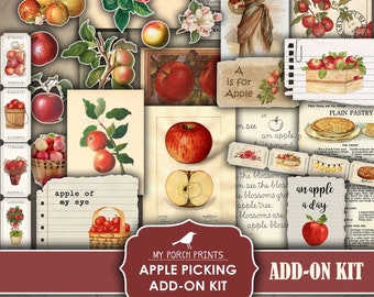 May include: Printable digital collage kit with images of apples, apple blossoms, and apple-themed text. The kit includes images of red apples, a basket of apples, a public library card, and a vintage nursery advertisement. The kit is titled "Apple Picking Add-On Kit".