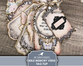 Bible Memory Verse Tag Flip, Junk Journal, Tags, Scripture, Gift Idea, Faith, Easter, Craft, My Porch Prints, Printable, Digital Download