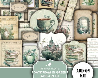 May include: Printable digital collage sheet with a green and white colour scheme. The sheet features images of books, teacups, a library, a house, and a jar with an apple. The text "Daydream in Green Add-on Kit Printable" is at the bottom of the sheet.