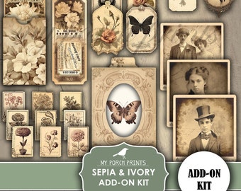 Junk Journal, Sepia, Ivory, Add On, Kit, Antique, Butterflies, Neutral, Victorian, Vintage,  My Porch Prints, Printable, Digital Download