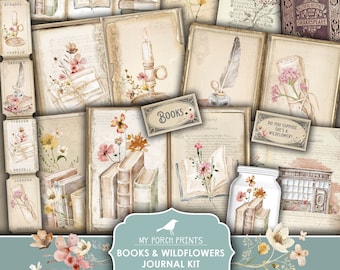 May include: Printable journal kit with a vintage aesthetic featuring images of books, wildflowers, and handwritten text. The kit includes a variety of elements, such as book covers, floral illustrations, and decorative labels. The text on the image reads "My Porch Prints Books & Wildflowers Journal Kit Printable".