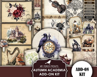 May include: Printable digital collage sheet with an autumn academia theme. The sheet features images of a clock, a raven, a book, a harp, a lantern, a castle, and a pumpkin. The text "My Porch Prints" and "Autumn Academia Add-On Kit" is printed on the sheet.
