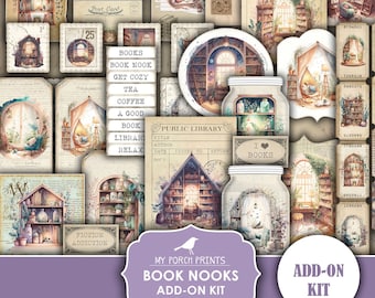 May include: Printable digital download kit of book nook illustrations. The kit includes images of bookshelves, jars, and other book-themed elements. The images are in a vintage style with warm colors and a cozy feel. The text "My Porch Prints Book Nooks Add-on Kit Printable" is at the bottom of the image.