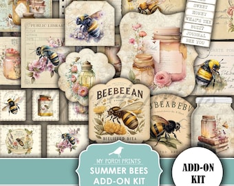 Junk Journal, Summer, Bees, ADD ON, Kit, Bee, Beekeeper, Honey, Apiary, Jars, Papers, Flowers, My Porch Prints, Printable, Digital Download