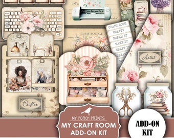 May include: Printable digital craft room add-on kit with floral and vintage elements. Includes a variety of images, such as a craft room with drawers, a woman working on a laptop, and a variety of tags and labels.