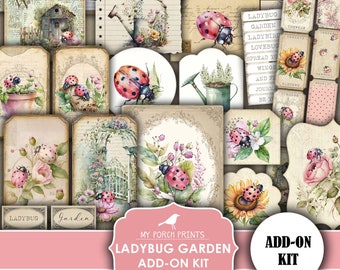 Ladybug Garden Junk Journal ADD ON Kit, Lady Bug Ladybird Summer Spring Pink Papers Flowers My Porch Prints Printable Digital Download
