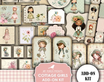 Junk Journal, Cottage Girls, Add On Kit, Shabby, Children, Country, Little Girl, Green, Pink, My Porch Prints, Printable, Digital Download