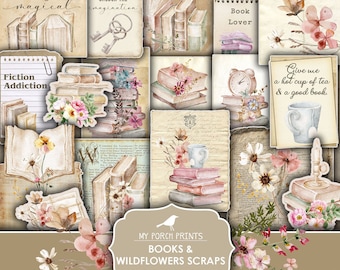 May include: A digital printable scrapbook paper pack with a vintage aesthetic featuring watercolor illustrations of books, wildflowers, and teacups. The text "Reading is magical" and "Books are keys to unlock the imagination" are included in the design.