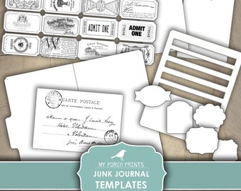 Junk Journal Kit Template, Ink Saver, Black, White, Template, Folder, Envelopes, Pockets, Printable, Digital, My Porch Prints, Download