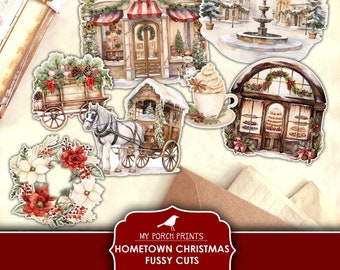 Hometown Christmas Fussy Cuts, Junk Journal, Red, Shops, Village, Cricut, BuJo, Stickers, Printable, My Porch Prints, Digital Download