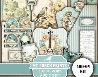 Blue and Ivory Junk Journal Add On Kit, Neutral, Victorian, Teal, Ephemera, Turquoise, Vintage, My Porch Prints, Printable, Digital Download