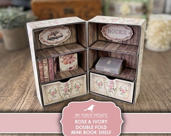 Rose and Ivory Double Fold Mini Book Shelf, Junk Journal Books, Bookshelf Box, Miniature Cabinet, Printable My Porch Prints Digital Download