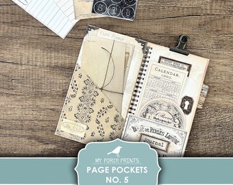 May include: Printable page pockets with vintage ephemera, including a calendar, a postcard, and a journal. The page pockets are designed to be used in a scrapbook or journal.