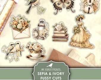 Junk Journal, Sepia, Ivory, Fussy Cuts, Vintage, Victorian, Roses, Cricut, Planner, Stickers, Printable, My Porch Prints, Digital Download