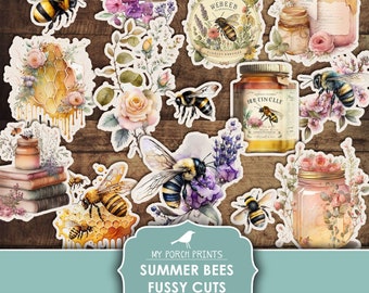 Junk Journal, Summer Bees, Fussy Cuts, Flowers, Bee, Honey, Labels, Cricut, Planner, Stickers, Printable, My Porch Prints, Digital Download