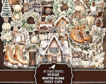 Puede incluir: Un conjunto de recortes decorativos de invierno para el hogar, imprimible digitalmente. El conjunto incluye una variedad de imágenes, incluyendo casas, árboles, una chimenea, un oso, una linterna, una tetera, una taza y un par de patines de hielo. Las imágenes están en un estilo de acuarela y tienen una sensación cálida y acogedora. El texto "My Porch Prints Hygge Winter Home Fussy Cuts Printable" está en la parte inferior de la imagen.