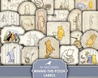 Junk Journal, Winnie-The-Pooh,  Labels, Pooh, Childrens, Illustrations, Stickers, Original, Printable, My Porch Prints, Digital Download