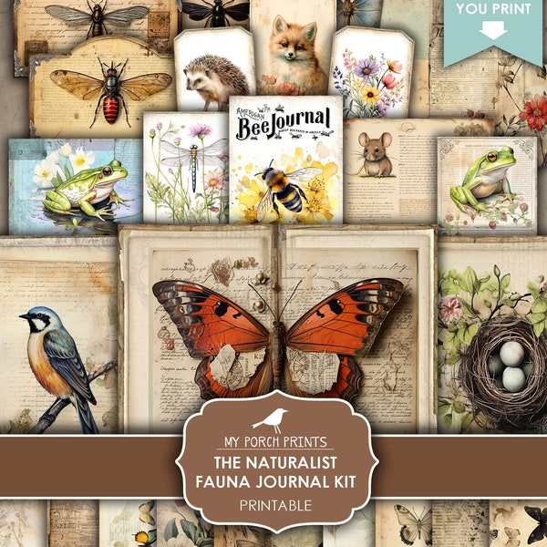 Junk Journal, Kit, Naturalist, Fauna, Animals, Botanical, Nature, Edith Holden Style, Herbal, My Porch Prints, Printable, Digital Download