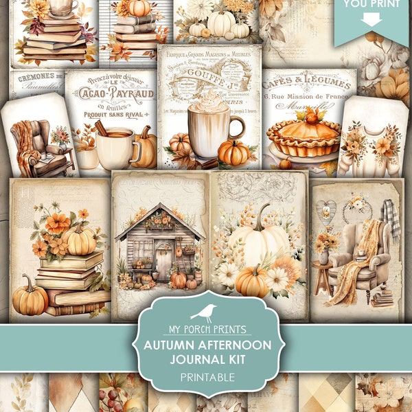 Junk Journal, Kit, Autumn, Afternoon, Cozy, Fall, Thanksgiving, Pumpkin, Neutral, October, My Porch Prints, Printable, Digital Download