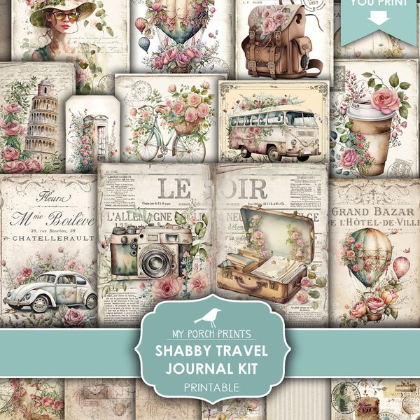 Junk Journal, Shabby, Travel, Kit, Europe, Road Trip, Camper, RV, Vintage, Vacation, Flowers, My Porch Prints, Printable, Digital Download