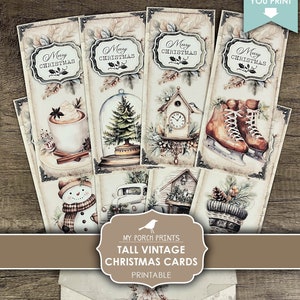 Tall Vintage Christmas Cards Printable, Junk Journal, DIY, 9x4 Inch, Card, Hygge, Print, Money Holder, My Porch Prints, Digital Download