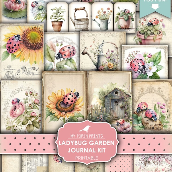 Junk Journal, Kit, Ladybug, Garden, Lady Bug, Ladybird, Summer, Pink, Papers, Flowers, Book, My Porch Prints, Printable, Digital Download
