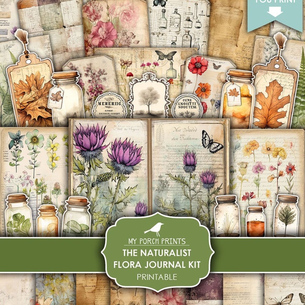 Junk Journal Kit, Naturalist, Flora, Flowers, Botanical, Nature, Edith Holden Style, Herbal, My Porch Prints, Printable, Digital Download