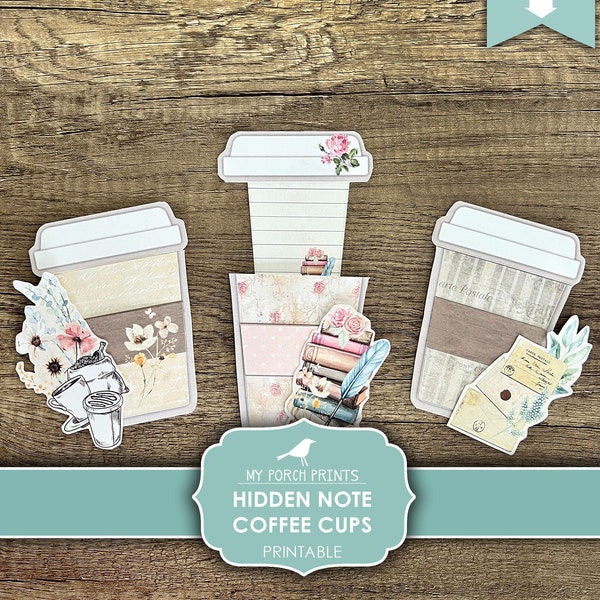 Junk Journal, Hidden Note, Coffee Cups, Cards, Tags, Gift Card Holder, Coffee Cup, Shabby, Printable, My Porch Prints, Digital Download