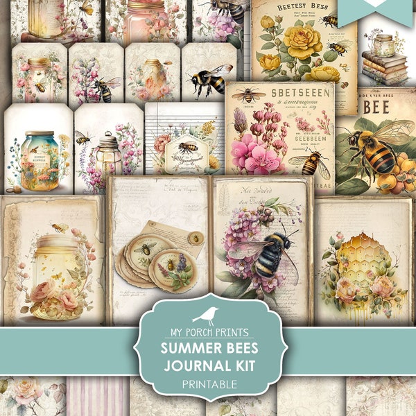 Junk Journal, Summer, Bees, Journal, Kit, Bee, Beekeeper, Honey, Apiary, Jars, Papers, Flowers, My Porch Prints, Printable, Digital Download