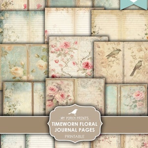 Junk Journal, Pages, Timeworn, Floral, Shabby, Pink, Blue, Papers, Kit, Lined, Roses, Flowers, My Porch Prints, Printable, Digital Download