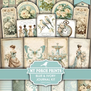 Blue and Ivory Junk Journal Kit, Neutral, Victorian, Teal, Ephemera, Floral Turquoise, Vintage, My Porch Prints, Printable, Digital Download