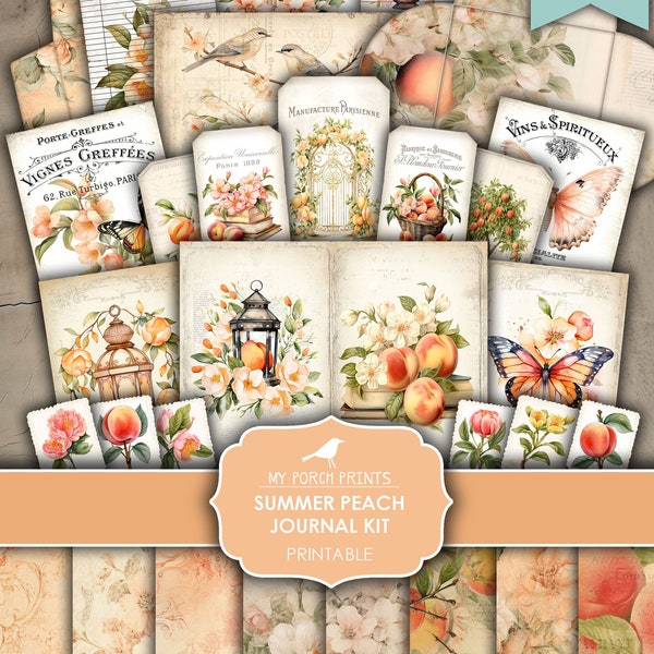 Junk Journal Kit, Summer, Peach, Flowers, Orchard, Fruit, Tags, Peaches, Butterflies, Birds, My Porch Prints, Printable, Digital Download