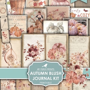 Junk Journal Kit, Autumn, Blush, Fall, Pumpkin, Pink, Apple, Paper, Mushrooms, Cottagecore, My Porch Prints, Digital Download, Printable