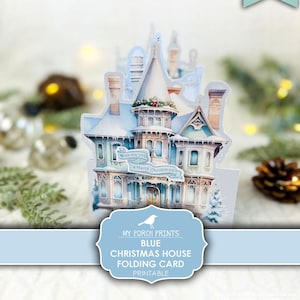 Blue Christmas House Folding Card, Junk Journal, Insert, Kit, 3D, Craft, Holiday, Gift, Cricut, Printable, My Porch Prints, Digital Download