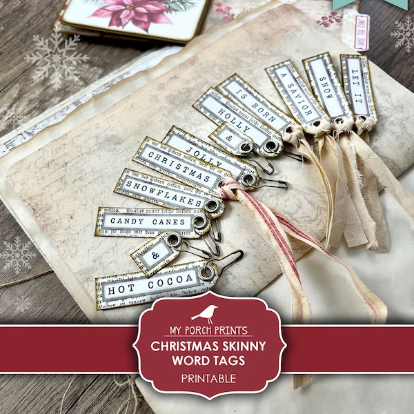 Christmas Skinny Word Tags, Junk Journal, Words, December, Gift, Daily, Advent, Neutral, Card, My Porch Prints, Printable, Digital Download