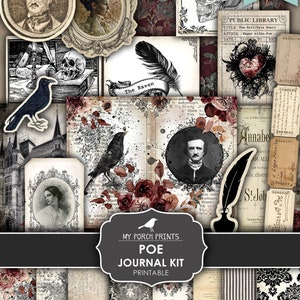 Junk Journal, Kit, Edgar Allan Poe, The Raven, Halloween, Gothic, Fall, Victorian, Black, Red, My Porch Prints, Digital Download, Printable