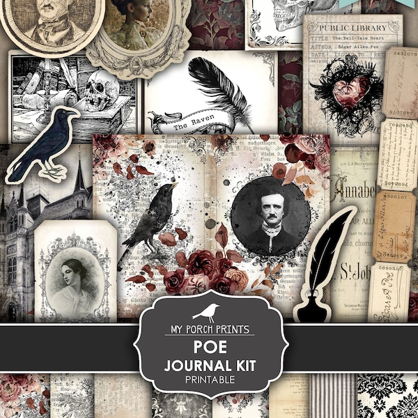 Junk Journal, Kit, Edgar Allan Poe, The Raven, Halloween, Gothic, Fall, Victorian, Black, Red, My Porch Prints, Digital Download, Printable