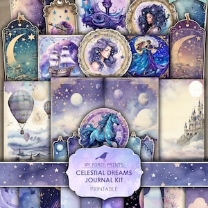 Celestial Dreams Junk Journal Kit, Stars, Galaxy, Magical, Purple, Blue, Teen, Girls, Printable, My Porch Prints, Digital Download