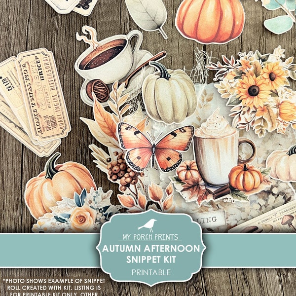 Junk Journal, Autumn, Afternoon, Snippet, Kit, Roll, Fussy Cut, Fall, BuJo, Cricut, Planner, Printable, My Porch Prints, Digital Download