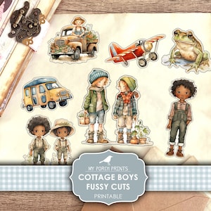 Junk Journal, Cottage Boys, Fussy Cuts, Blue, Country, Children, Cricut, Planner, Stickers, Printable, My Porch Prints, Digital Download