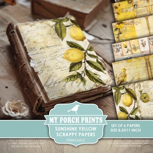 Sunshine Yellow Scrappy Papers, Junk Journal, Pages, Floral, Vintage, Shabby, Backing, Collage, My Porch Prints, Printable, Digital Download