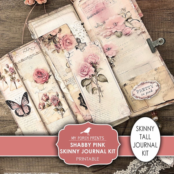 Shabby Pink Skinny Junk Journal Kit, Tall, Victorien, Roses, vintage, Papillons, Steampunk, My Porch Prints, Imprimable, Téléchargement numérique