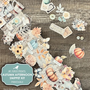 Puede incluir: Kit de recortes digital imprimible con elementos de temática otoñal, incluyendo calabazas, hojas, mariposas y flores. El kit se titula "Autumn Afternoon Snippet Kit".