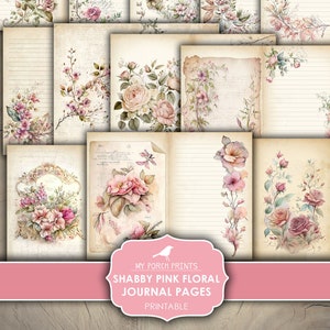 Junk Journal, Pages, Shabby, Pink, Floral, Papers, Kit, Lined, Illustrated, Roses, Flowers, My Porch Prints, Printable, Digital Download